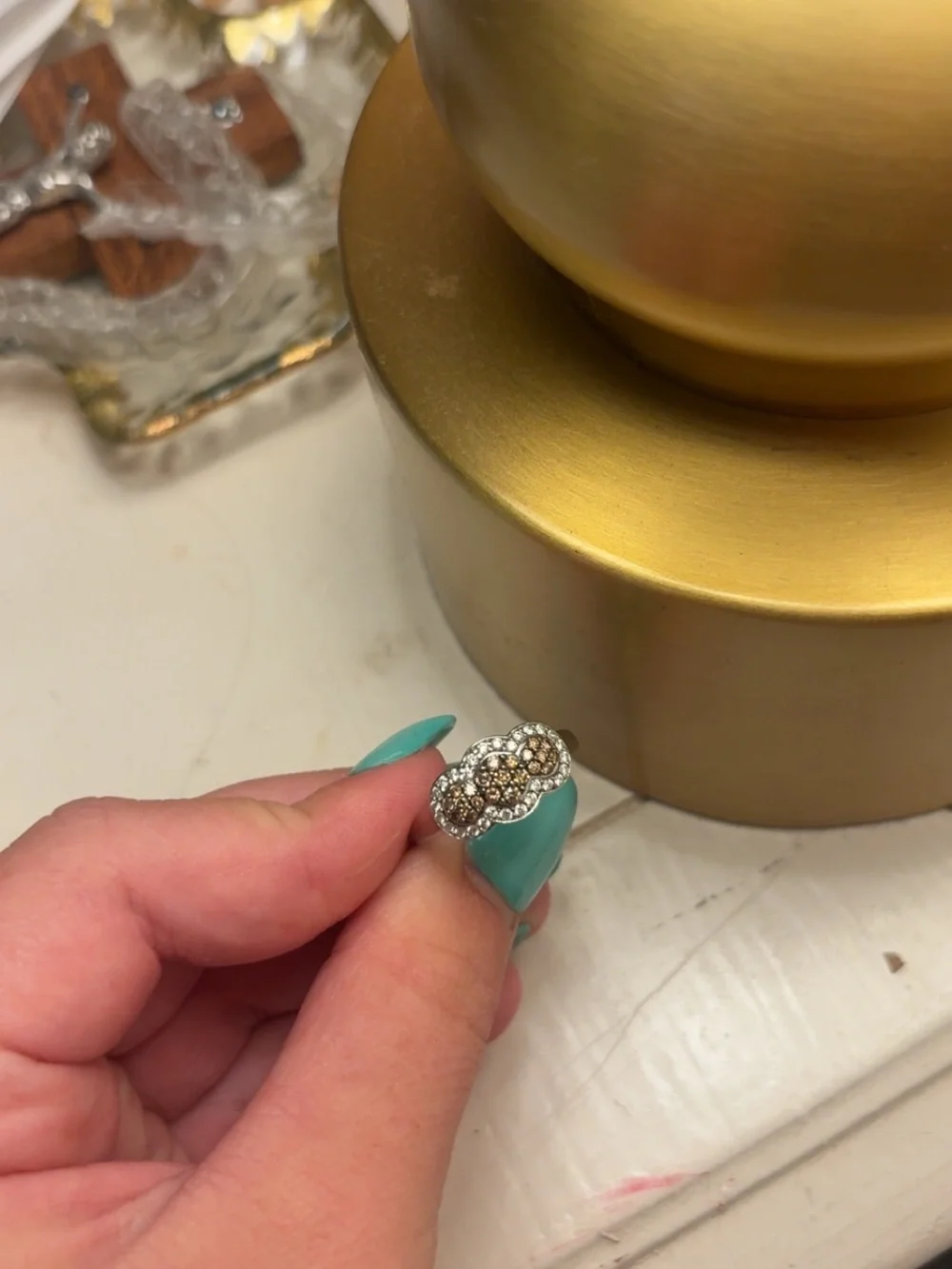 Vintage-Inspired Silver Floral Cluster Ring with Clear Stones - Turquoise Accent